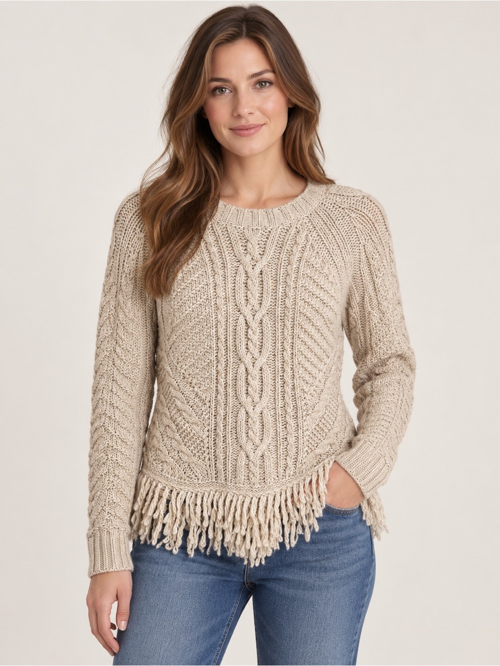 Banana Republic Italian Yarn Cable Knit Fringe Sweater – Small
